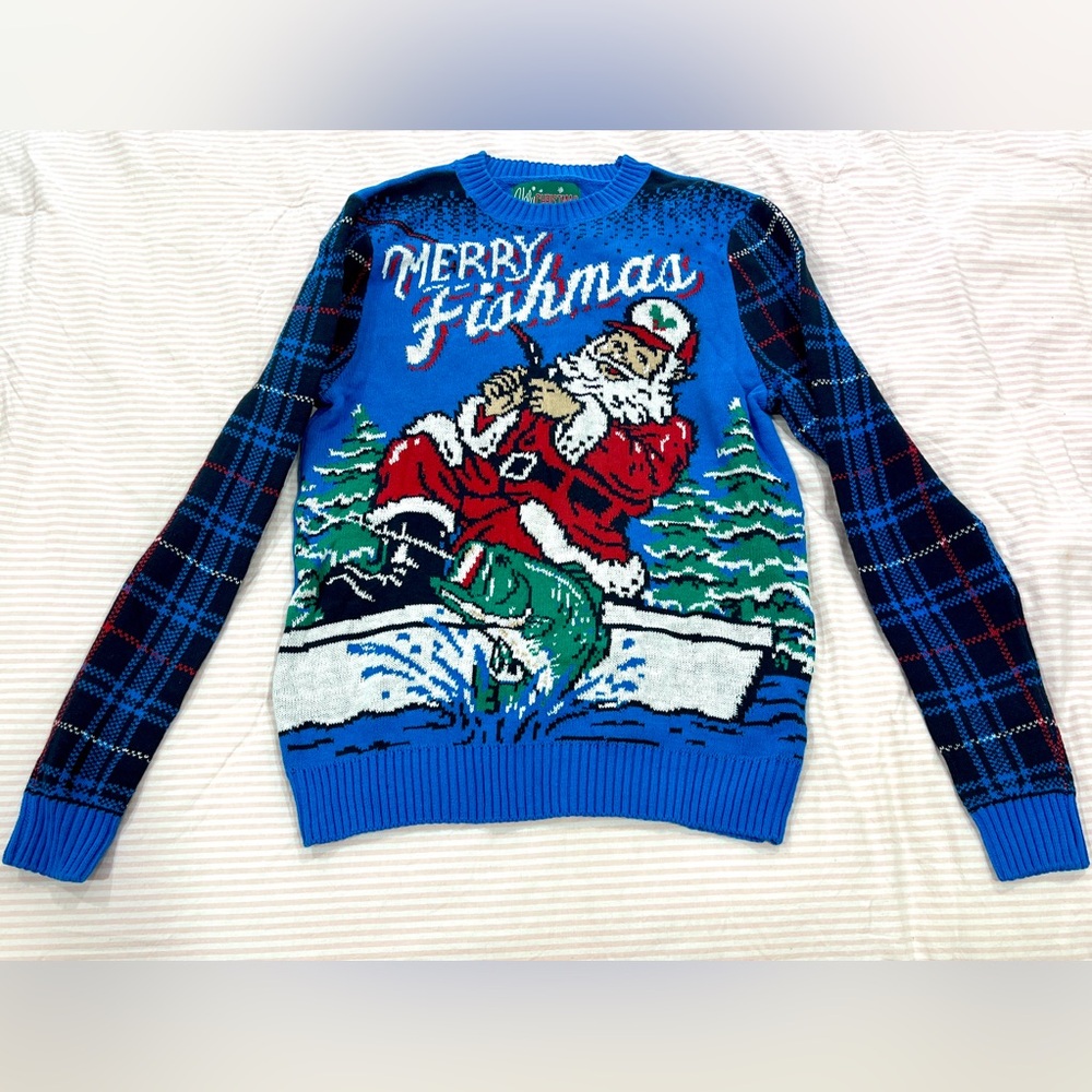 Ugly Christmas Sweater Blue and Red Crewneck Festive Design